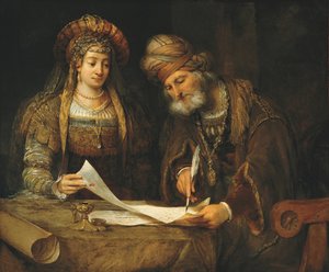 Estera i Mardocheusz piszący pierwszy list z Purim, ok. 1675 (olej na płótnie)