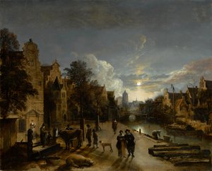 Scena nad kanałem w świetle księżyca, ok. 1660 (olej na płótnie) autorstwa Aert van der Neer