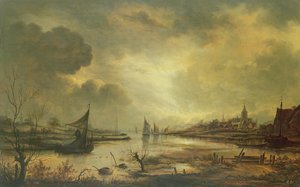 Holenderskie miasto nad rzeką przy Moonlight (olej na panelu) autorstwa Aert van der Neer