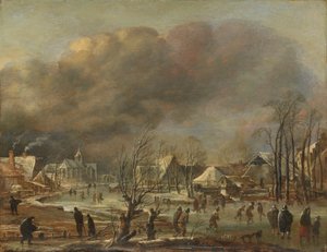 Opady śniegu na wiosce obok zamarzniętego kanału, 1630-77 autorstwa Aert van der Neer