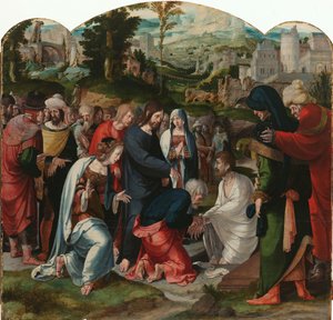 Wskrzeszenie Łazarza Centralny panel Tryptyku z Wskrzeszeniem Łazarza autorstwa Aertgen Claesz van Leyden (attributed to)