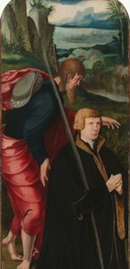 Wskrzeszenie Łazarza Wewnętrzne lewe skrzydło tryptyku z męskim darczyńcą i św. Jakubem Większym autorstwa Aertgen Claesz van Leyden (attributed to)