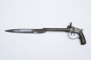 Pistolet kapiszonowy dwulufowy, ok. 1840 (stal, mosiądz i róg)