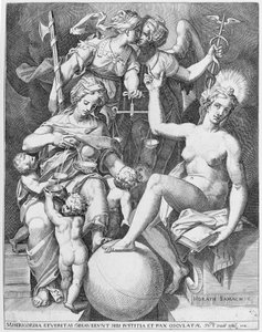 Alegoria Psalmu Dawida, Misericordia siedząca po lewej karmiąca czworo dzieci..., 1579. autorstwa After Agostino Carracci.
