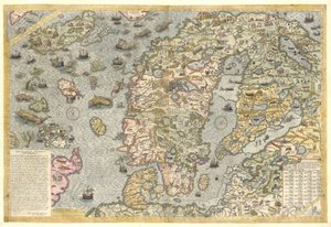 Wierna reprodukcja mariny Carta (mapa ścienna Skandynawii autorstwa Olausa Magnusa opublikowana w 1539 roku) autorstwa After Olaus Magnus