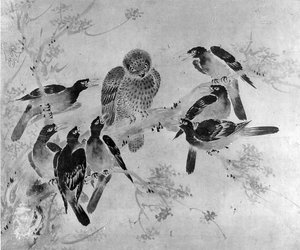 Ptaki Mynah atakujące sowę, prawdopodobnie XIX wiek. autorstwa after Sesson Shūkei
