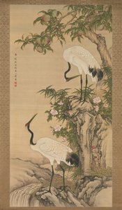 Żurawie, brzoskwinia i chińskie róże, początek XVIII wieku. autorstwa After Shen Quan