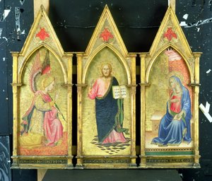 Archanioł Gabriel; Chrystus wybawiciel; Zwiastowanie Najświętszej Maryi Panny na złotych panelach ziemi, autorstwa Agnolo Gaddi