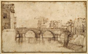 Isola Tiberina, Rzym (pióro i brązowy tusz na papierze) autorstwa Agostino (attr. to) Carracci