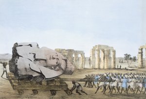 Tryb, w którym usunięto głowę Młodego Memnona, z płyt ilustrujących badania w Egipcie i Nubii, Giovannie Battista Belzoni, wyd. 1822 (litografia kolorowa)