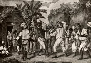 Pojedynek kijków między angielskimi i francuskimi Murzynami na wyspie Dominika, Santo Domingo autorstwa Agostino Brunias