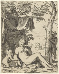 Wenus, miłość w sater autorstwa Agostino Carracci (attributed to)