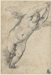 Latające putto z uniesionymi rękami autorstwa Agostino Carracci (attributed to)