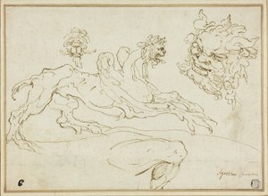 Cztery szkice: Gryf, Groteskowa głowa, Głowa Satyra, Zgięta noga autorstwa Agostino Carracci