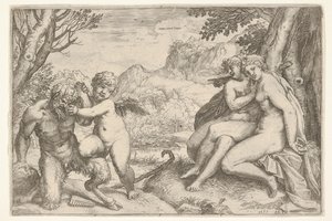 Miłość zwycięża wszystko Omnia vincit Amor, w walce z satyrem Amor stawia prawą k..., 1599.