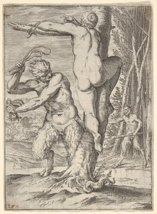 Satyr biczuje nimfę, która jest pokazana od tyłu i przywiązana do drzewa, druga saty..., ok. godz. 1590-95.