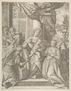 Mistyczne zaślubiny św. Katarzyny, która siedzi w centrum z Dzieciątkiem Jezus, anioły z..., 1585. autorstwa Agostino Carracci