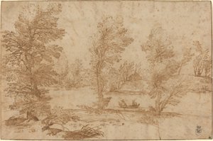 Rzeka leśna z łodzią autorstwa Agostino Carracci