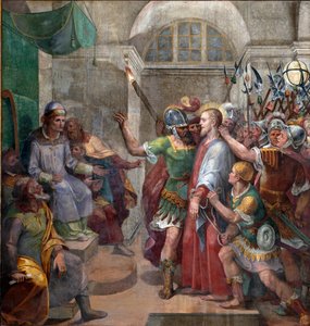Pasja: „Chrystus przed Poncjuszem Piłatem (Pontius Pilatius)” „Fresk Agostino Ciampelli (1577-1642) 1594-1600 Rzym, bazylika Santa Prassede autorstwa Agostino Ciampelli