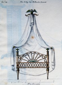 Łóżko z baldachimem dla Aleksandra Saracensa, z Dzieła stolarza i ślusarza wymyślone i zaprojektowane przeze mnie Agostino Fantastici), rękopis 3, tablica 18 (1782-1845) autorstwa Agostino Fantastici