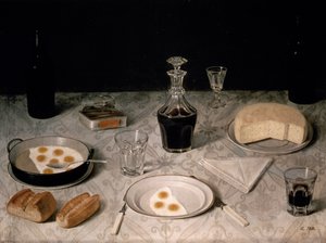 Martwa natura z jajkami, chlebem, serem i winem (olej na płótnie) autorstwa Agostino Jose da Mota