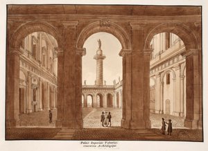 Pałac Imperiali Valentini. Renowacja Archeologiczna., 1833 (akwaforta z brązową lawiną) autorstwa Agostino Tofanelli