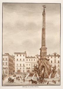 Obelisk na Piazza Navona, 1833 (trawienie z brązowym washem) autorstwa Agostino Tofanelli