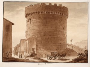 Grobowiec Horatii i Kuriatów, 1833 (akwaforta z brązową lawiną) autorstwa Agostino Tofanelli