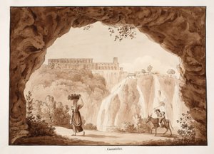 Wodospady w Tivoli, 1833 (akwaforta z brązową lawiną) autorstwa Agostino Tofanelli