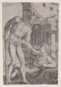 Mężczyzna pomaga komuś stanąć na nogi, ok. godz. 1514-36. autorstwa Agostino Veneziano