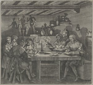 Baccio Bandinelli w swojej pracowni trzymający statuetkę Wenus, studenci szkicujący z miesiąca..., 1531. autorstwa Agostino Veneziano