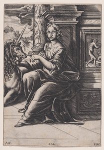 Chastity, siedząca kobieta, po jej prawej stronie jednorożec, ok. godz. 1515-30. autorstwa Agostino Veneziano