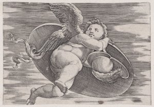 Eros kradnący tarczę człowieka, ca. 1514-36. autorstwa Agostino Veneziano