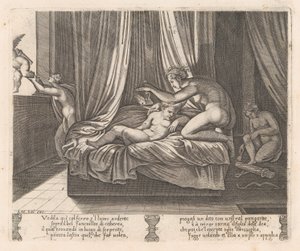Ilustracja 13: Psyche patrząca na Kupidyna, z Historii Kupidyna i Psyche opowiedzianej przez Apulei..., 1530-60. autorstwa Agostino Veneziano
