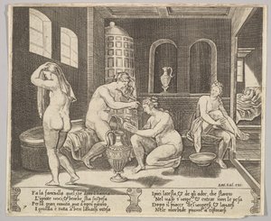 Ilustracja 7: Psyche w kąpieli z nimfami, w tle po prawej Psyche repr..., ca. 1520-36.