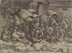 Bitwa między Scipio Africanus a Kartagińczykami („La bataille au coutelas”) autorstwa Agostino Veneziano