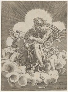 Św. Mateusz, siedzący na obłoku i zanurzający pióro w kałamarzu trzymanym przez anioła..., ok. godz. 1518-20.