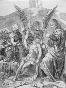 Ciało Chrystusa wspierane przez trzech aniołów, 1516. autorstwa Agostino Veneziano