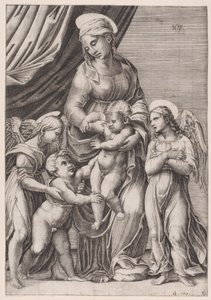 Dziewica, Dzieciątko Chrystus, Dzieciątko św. Jan i Dwa Anioły, dat. 1516. autorstwa Agostino Veneziano