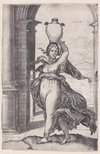 Kobieta niosąca na głowie wazon, dat. 1528., dat. 1528. autorstwa Agostino Veneziano