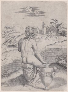 Kobieta siedząca przy wazonie, ca. 1514-36. autorstwa Agostino Veneziano
