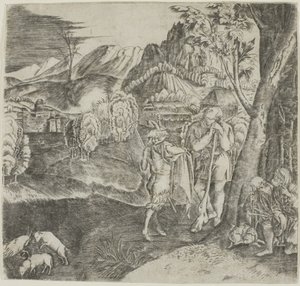 Pasterze i satyr na tle krajobrazu