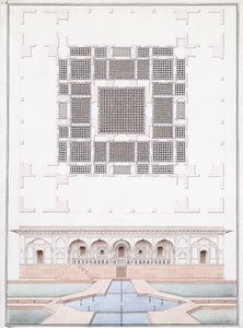 Elewacja frontu południowego i Garden Palace Suraj Bhawan at Dig, ok. 1830 (ołówek, długopis, szary tusz i akwarela)