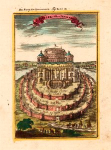Twierdza i wiszące ogrody legendarnej królowej Semiramidy w Babilonie - Forteca Semiramidy - Miedzioryt i akwarela Alaina Manessona Malleta (1630-1706)