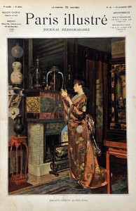Chińskie drobiazgi Europejka ubrana w orientalne stroje przygląda się swojej kolekcji chińskich przedmiotów. Ilustracja Alberta Aubleta (1851-1938). Rycina z 1887 r. w tygodniku „Paryż-Prześwietny””.