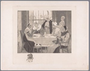 Towarzystwo kobiet w tradycyjnych strojach przy stole skandale autorstwa Albert Bertrand (attributed to)