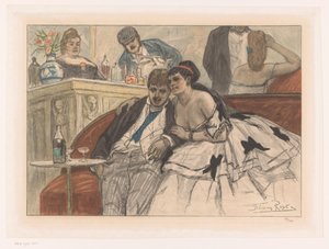 Mężczyzna i kobieta siedzą na czerwonej kanapie przy barze w teatrze Le Gandin ivre autorstwa Albert Bertrand (attributed to)