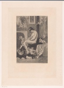 Naga kobieta na skraju łóżka otoczona bawiącymi się demonami La Mere aux Satyrions autorstwa Albert Bertrand (attributed to)
