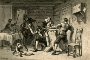 Purytanie barykadują swój dom przed Indianami, 1877.