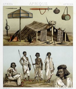 Odzież obozowa i tradycyjna z Nubii. Ilustracja w „Le costume historique” autorstwa Racinet autorstwa Albert Charles August Racinet